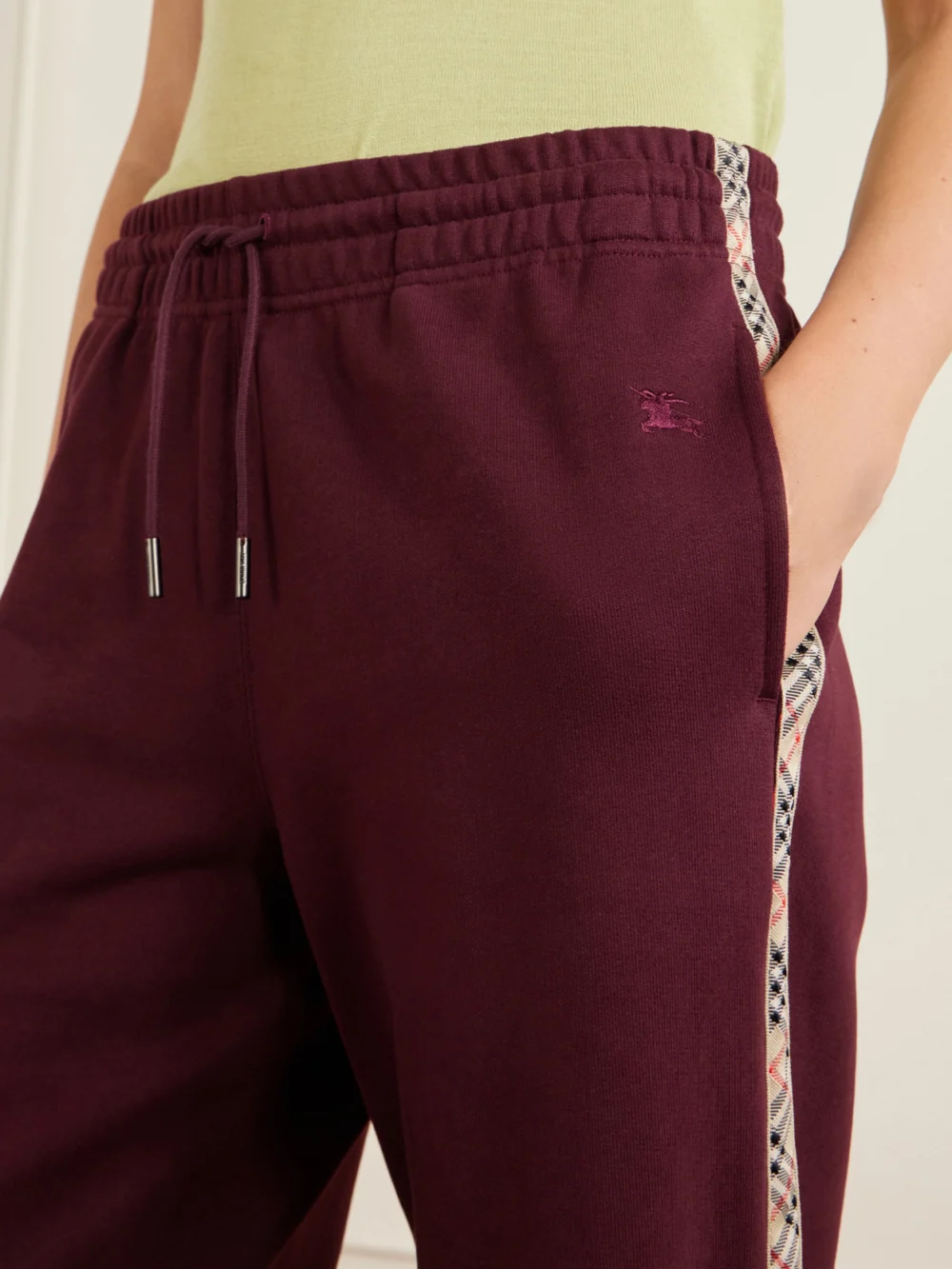 Close-up detail of the Burberry Jodie Checked Cotton-jersey Straight-leg Track Pants