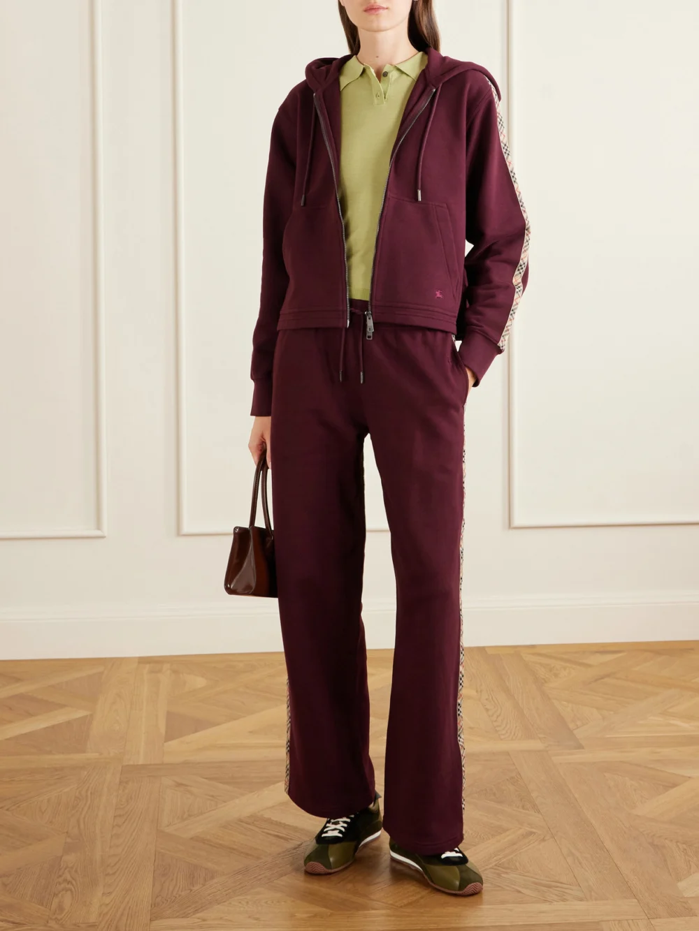 Burberry Jodie Checked Cotton-jersey Straight-leg Track Pants, worn by a model
