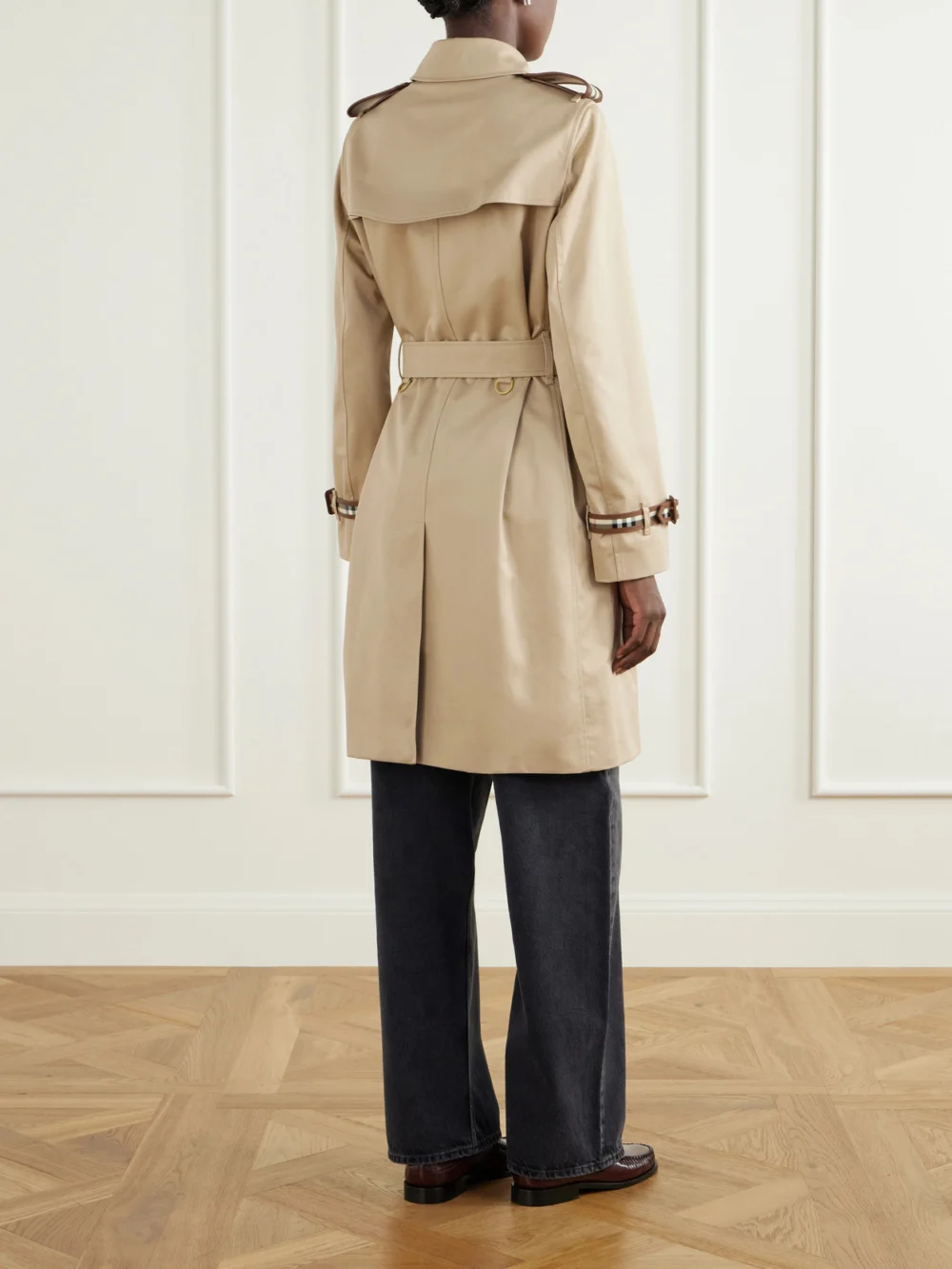 Back view of the Burberry Kensington Belted Double-breasted Cotton-gabardine Trench Coat