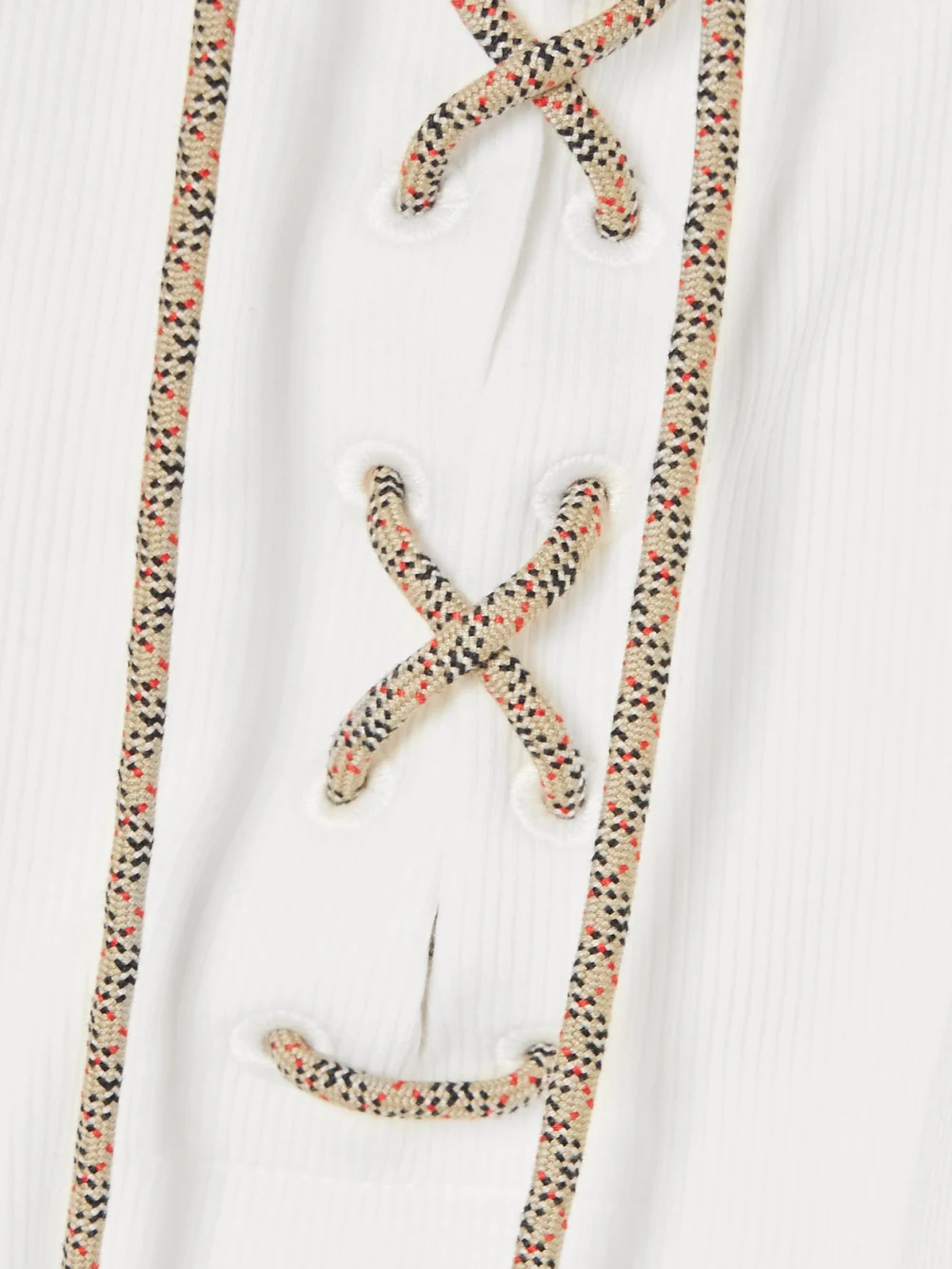 Close-up detail of the Burberry Lace-up Embroidered Ribbed Stretch-cotton Jersey Tank