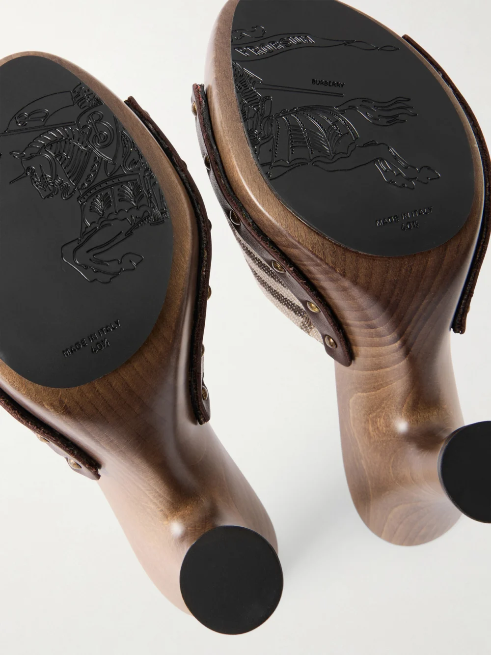 Close-up detail of the Burberry Le Potter Embellished Checked Woven Mules
