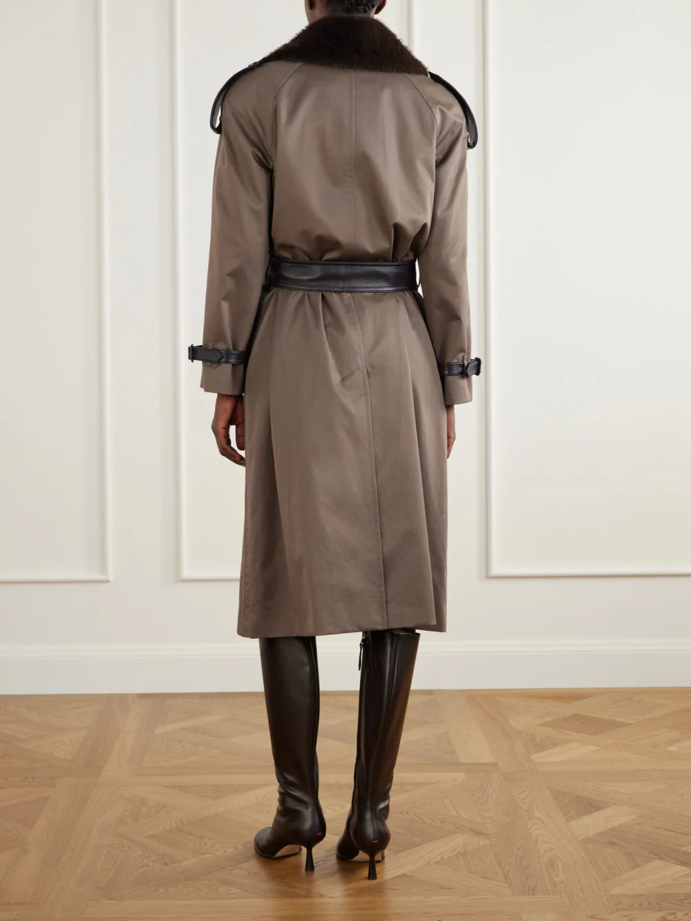 Back view of the Burberry Leather and Plush-trimmed Cotton-gabardine Trench Coat