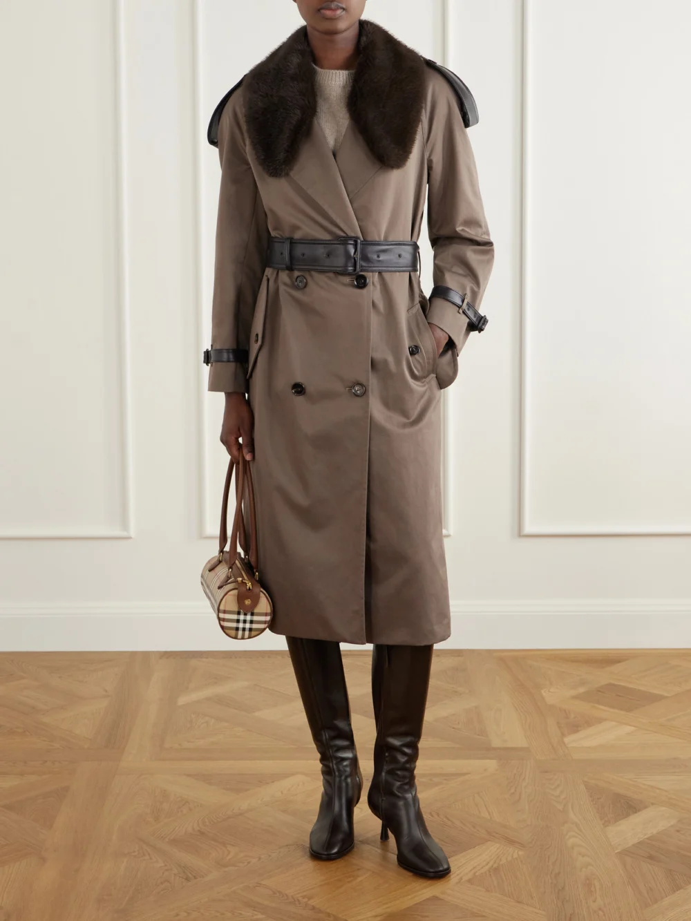 Burberry Leather and Plush-trimmed Cotton-gabardine Trench Coat, worn by a model
