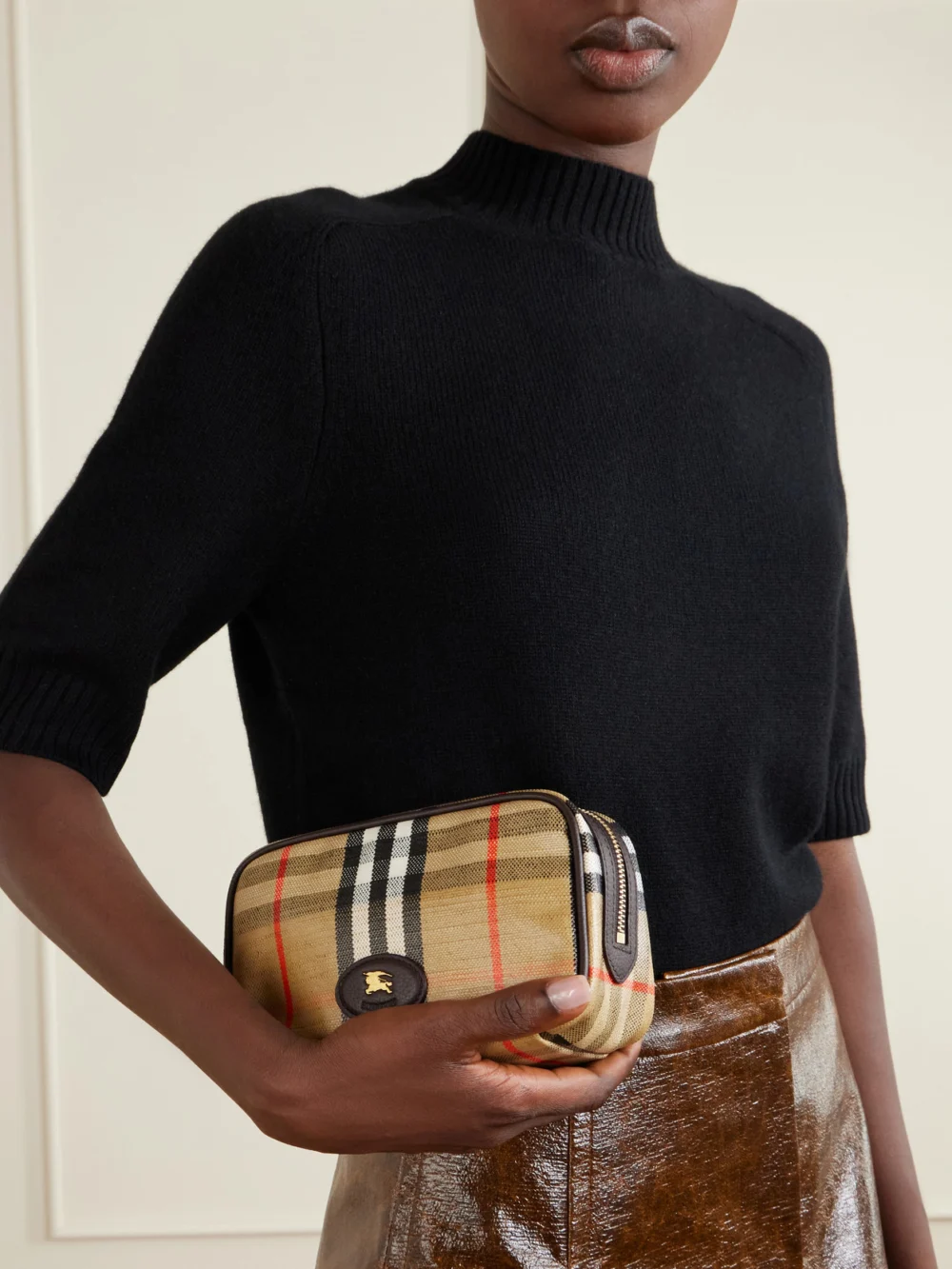 Burberry Leather-trimmed Checked Coated-canvas Pouch, styled view