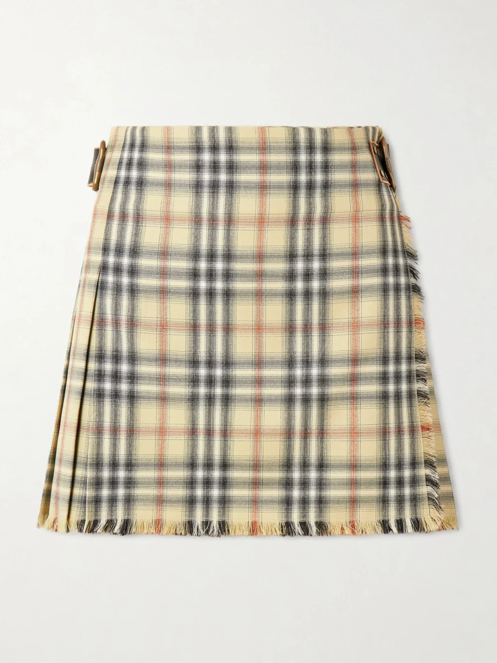 Burberry Leather-trimmed Pleated Checked Wool Mini Skirt in beige