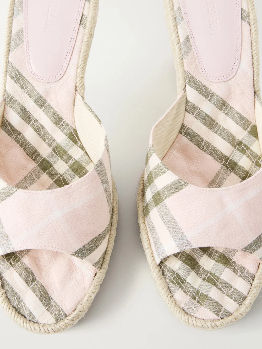 Close-up detail of the Burberry Lf Mews Check Espadrille Mules