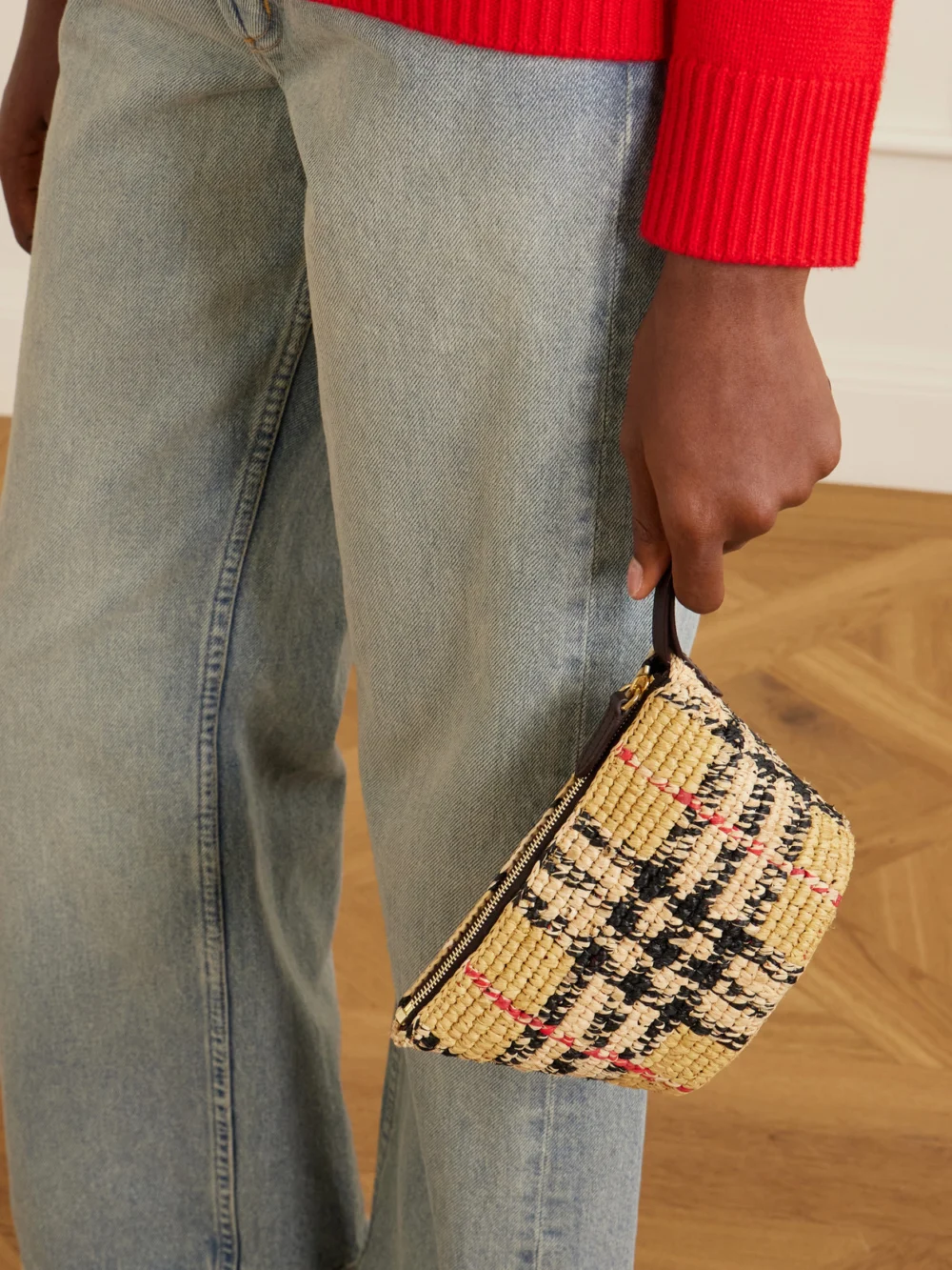 Burberry Margate Leather-trimmed Woven Raffia Clutch Bag, styled view