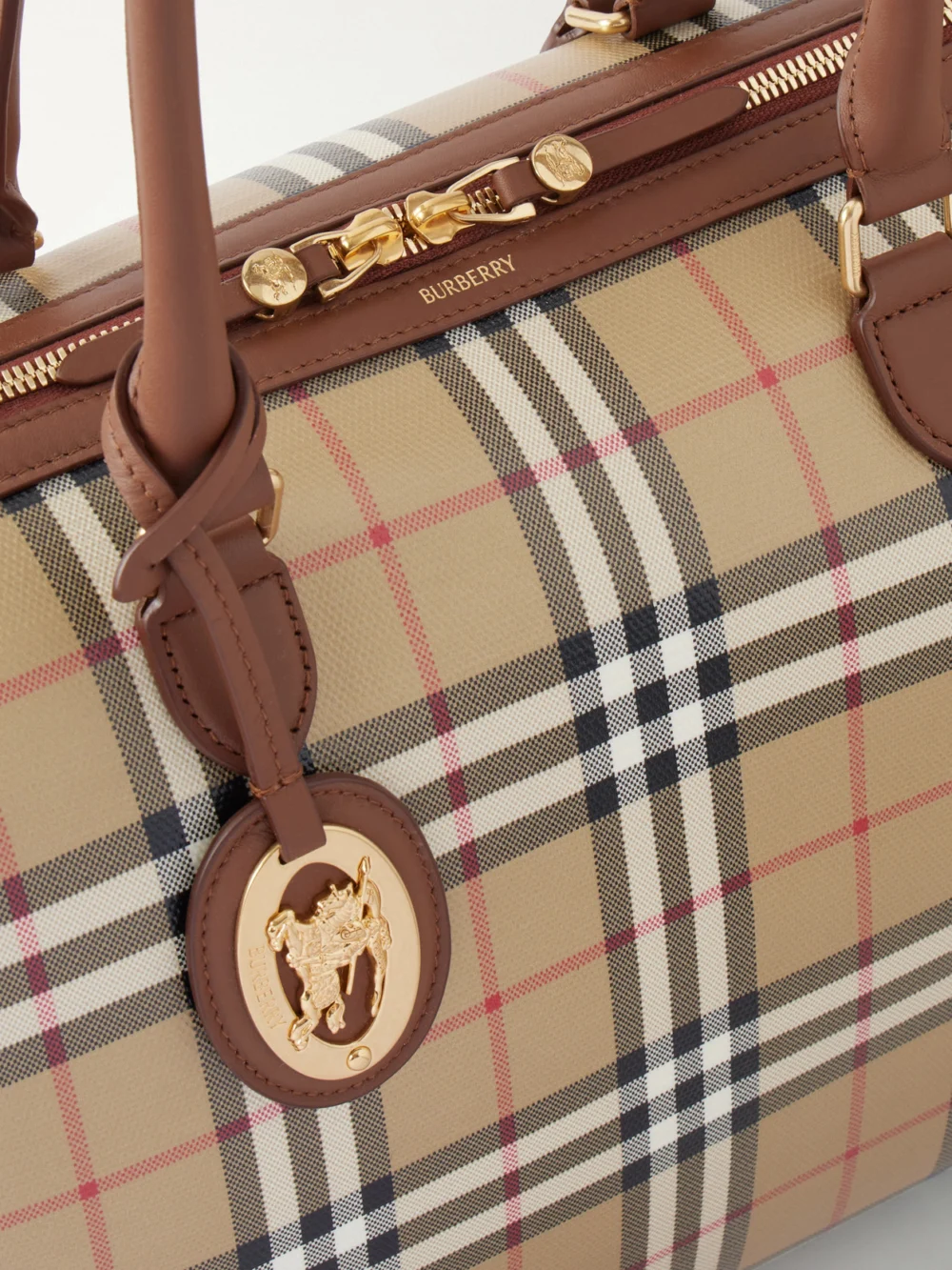 Close-up detail of the Burberry Medium Check Zip Leather-trimmed Tote