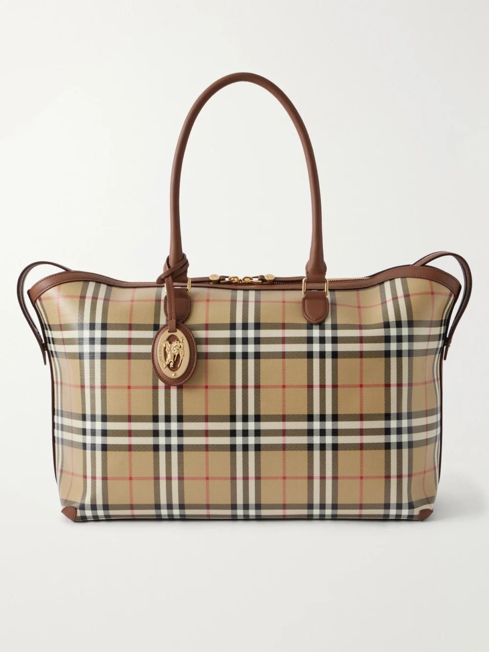Burberry Medium Check Zip Leather-trimmed Tote in beige