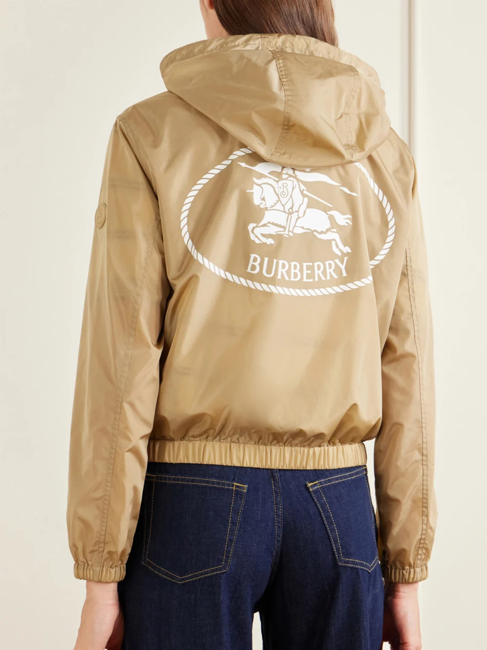 Back view of the Burberry Nelson Hooded Printed Shell Jacket