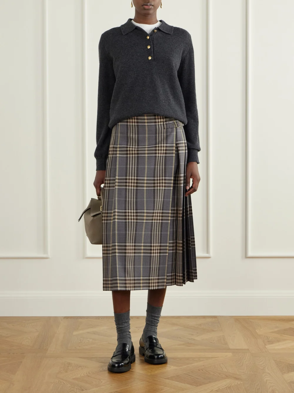 Burberry Pleated Checked Wool Midi Skirt, worn by a model