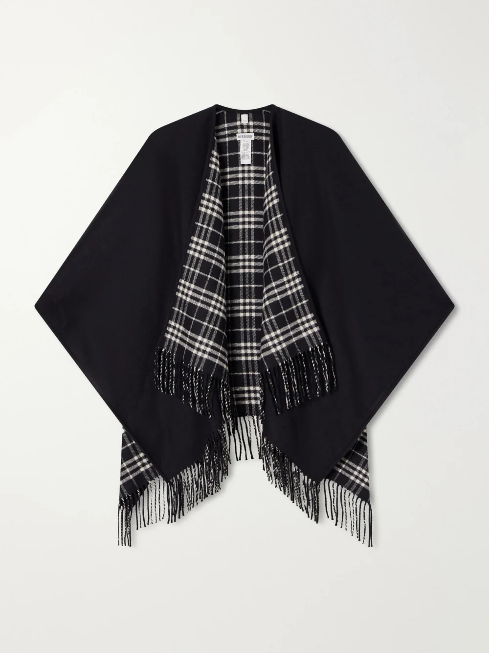 Burberry Reversible Fringed Checked Wool Cape in black