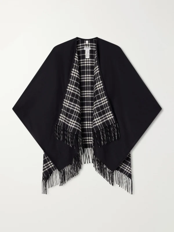 Burberry Reversible Fringed Checked Wool Cape