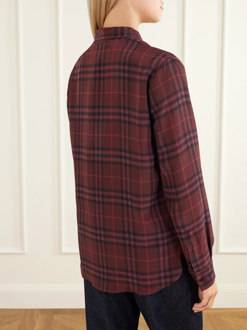 Back view of the Burberry Rhiannon Pussy-bow Checked Silk-crepe Blouse