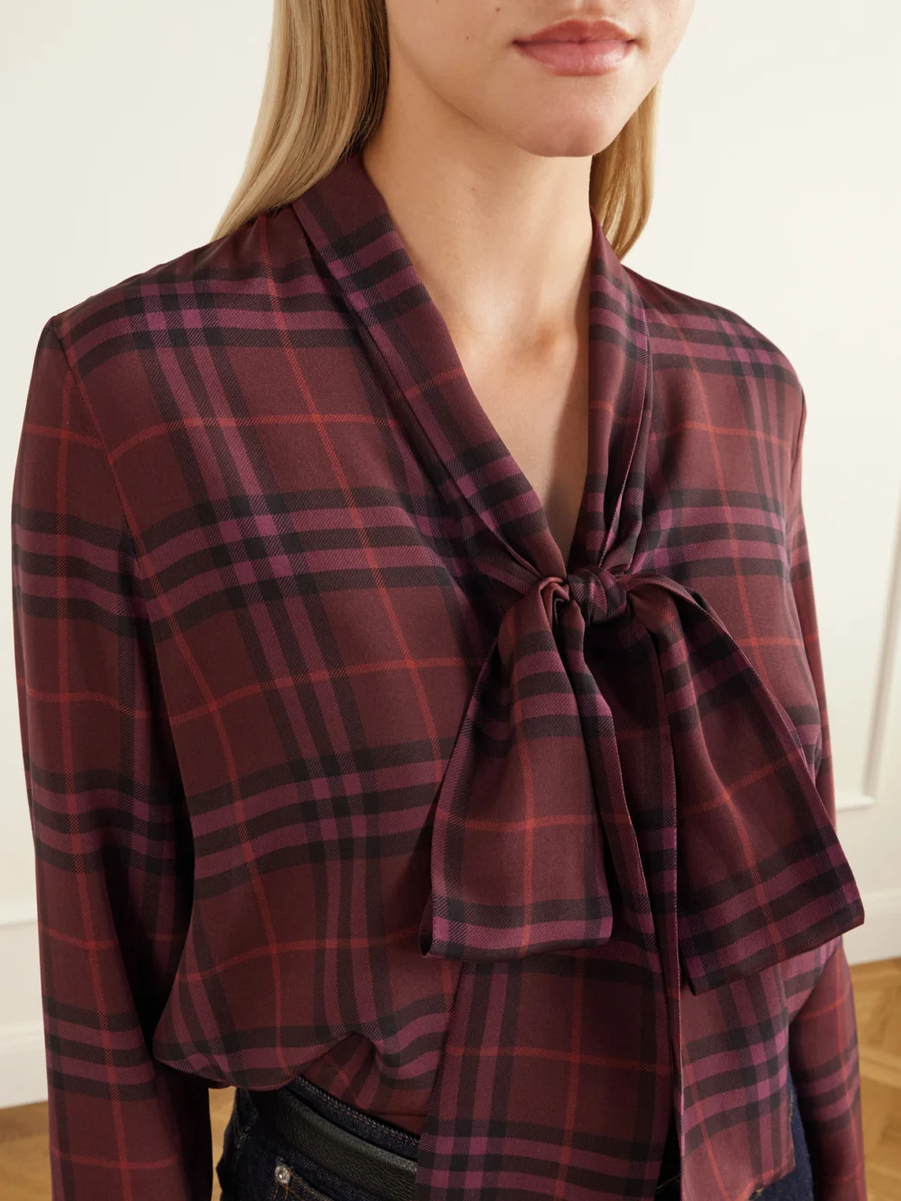 Close-up detail of the Burberry Rhiannon Pussy-bow Checked Silk-crepe Blouse