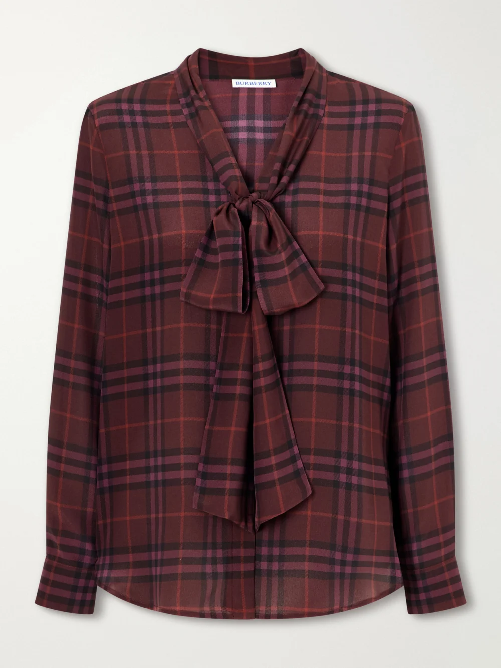 Burberry Rhiannon Pussy-bow Checked Silk-crepe Blouse in burgundy