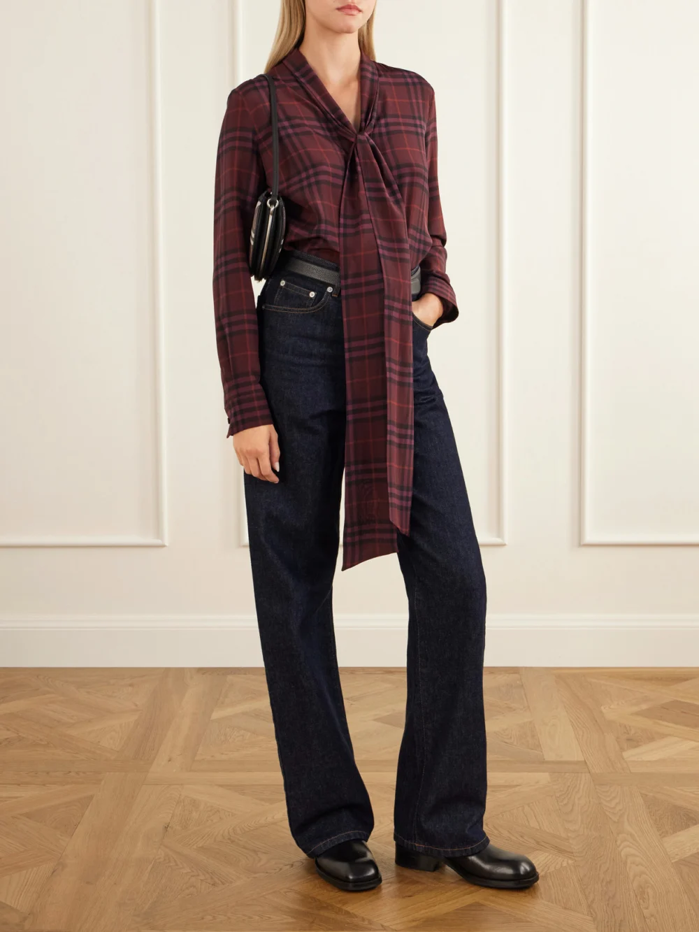 Burberry Rhiannon Pussy-bow Checked Silk-crepe Blouse, worn by a model