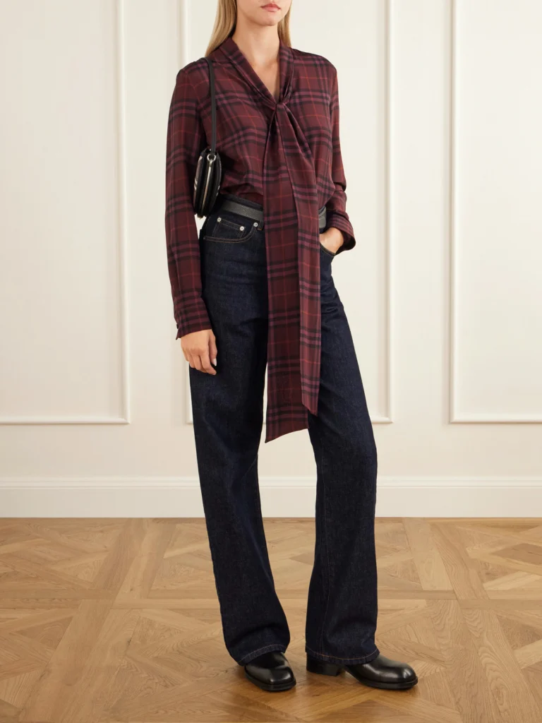 Burberry Rhiannon Pussy-bow Checked Silk-crepe Blouse