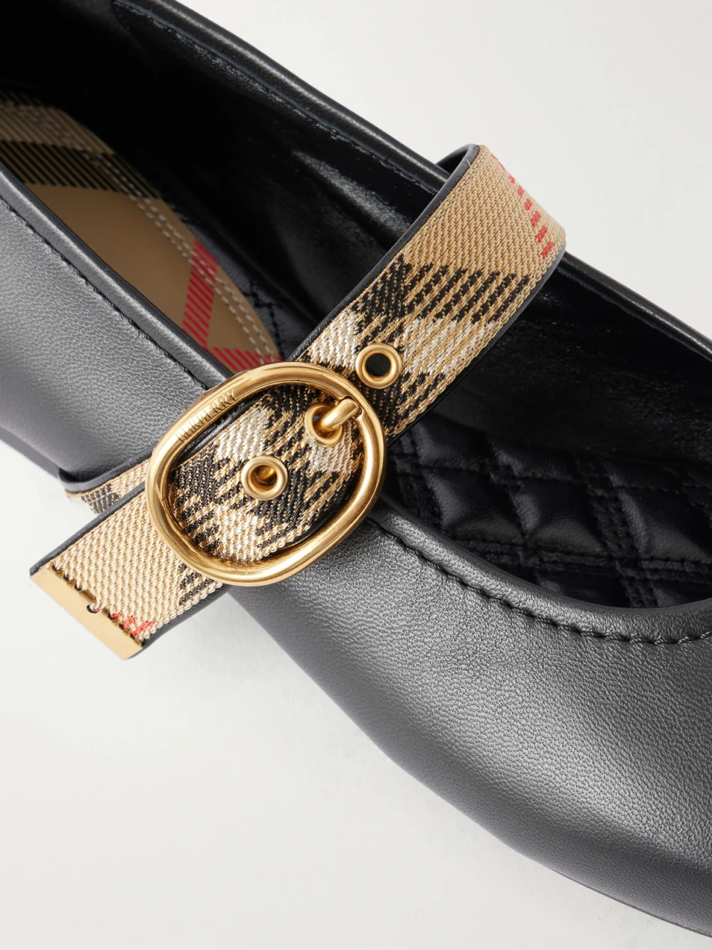 Close-up detail of the Burberry Robin Check Strap Mary Jane Ballet Flats