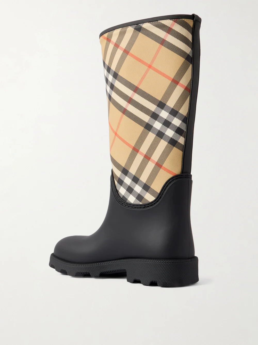 Back view of the Burberry Rubber Marsh Checked Canvas and Rubber Rain Boots