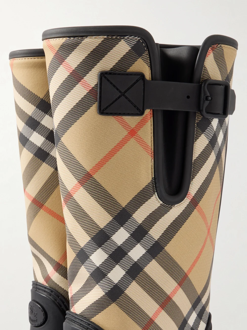 Close-up detail of the Burberry Rubber Marsh Checked Canvas and Rubber Rain Boots