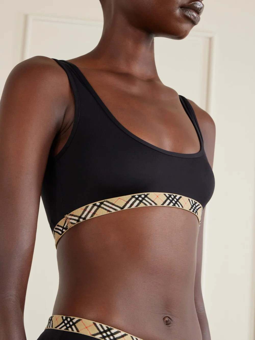Close-up detail of the Burberry Samphire Checked Bikini Top