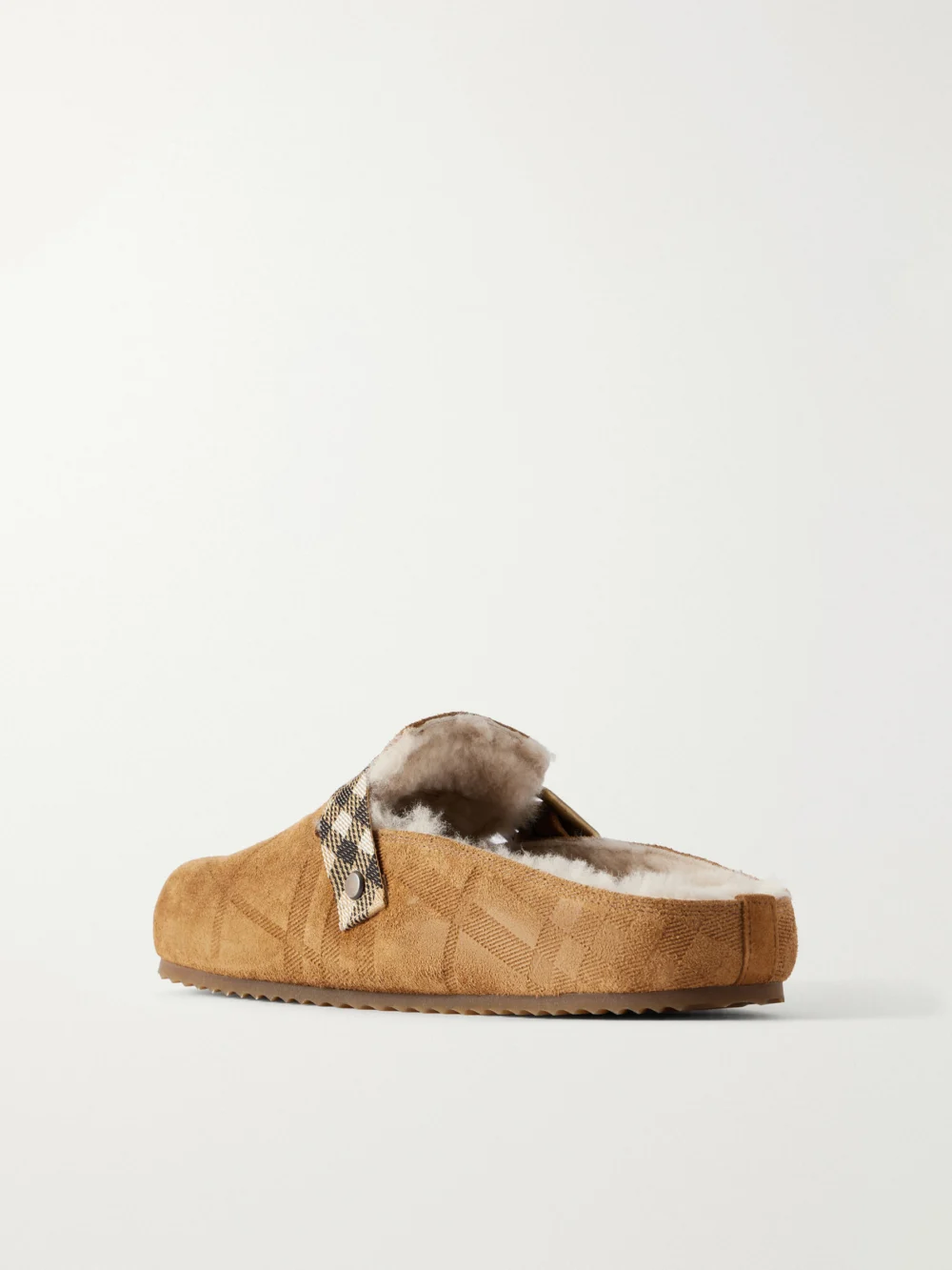 Back view of the Burberry Urchin Check Shearling-trimmed Clogs