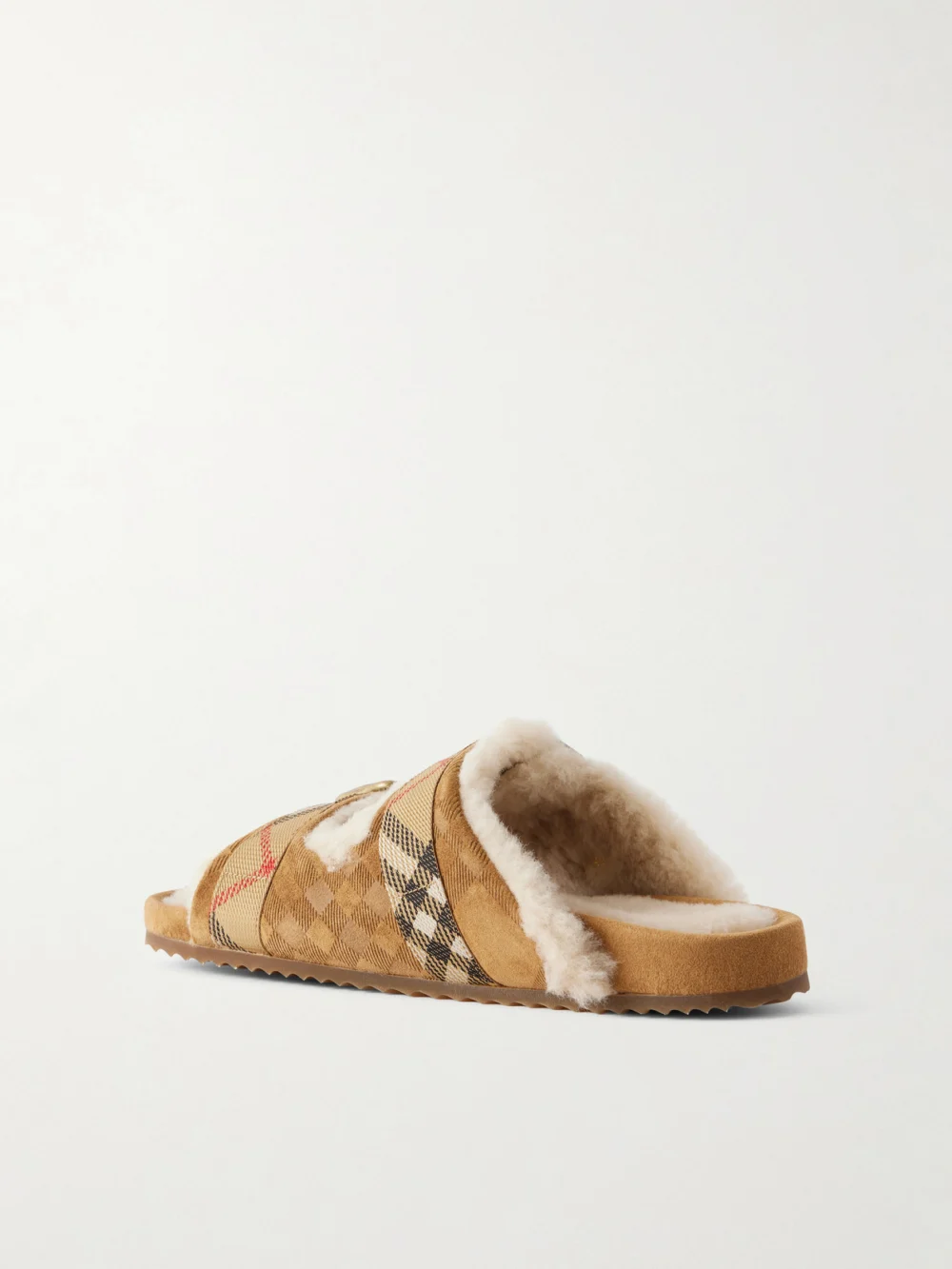Back view of the Burberry Urchin Check Shearling-trimmed Sandals