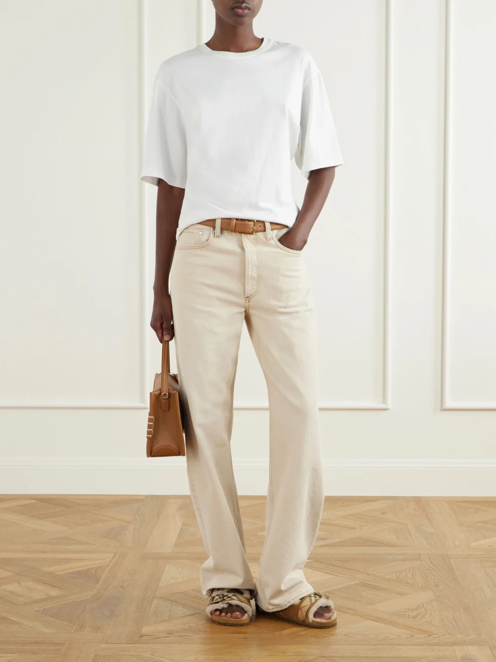 Burberry Urchin Check Shearling-trimmed Sandals, styled view