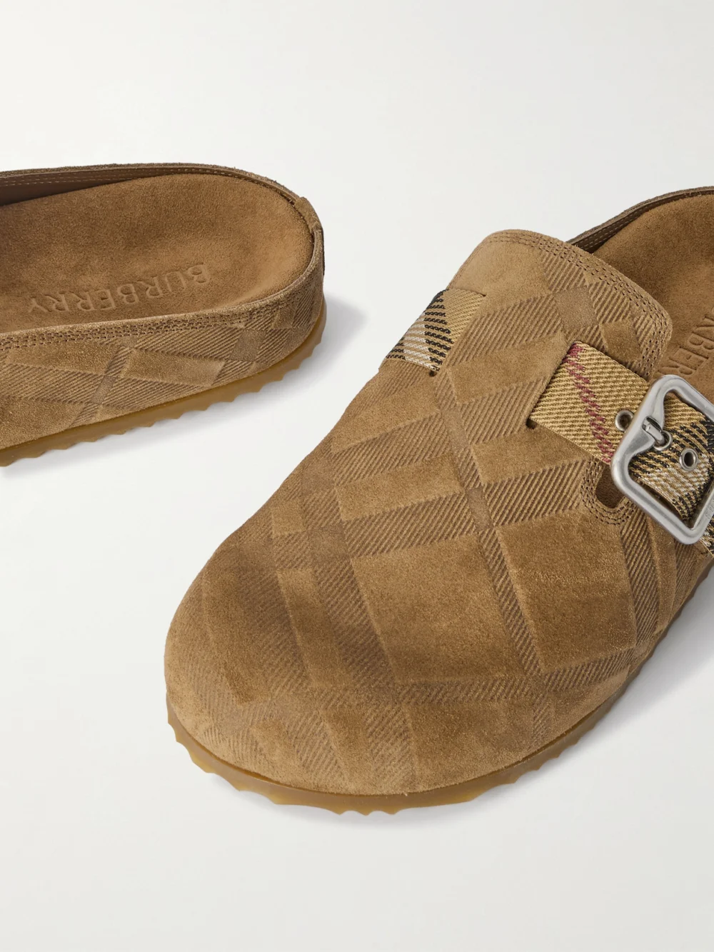 Close-up detail of the Burberry Urchin Check Suede Clog