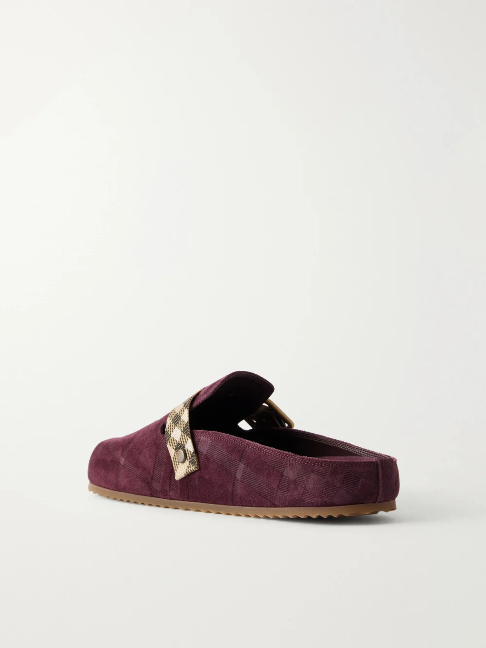 Back view of the Burberry Urchin Check Suede Clog