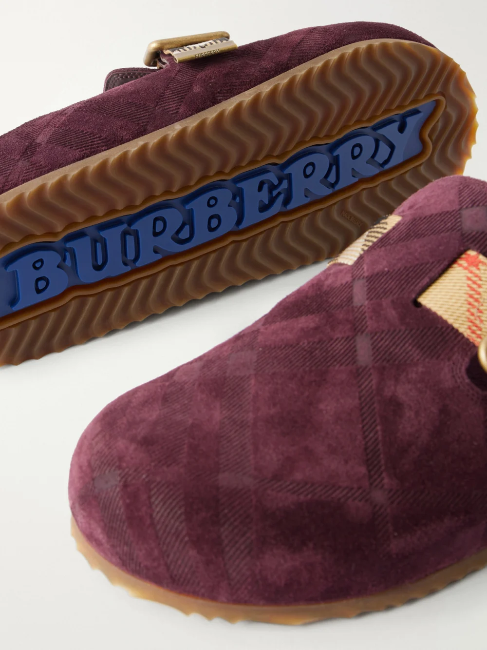 Close-up detail of the Burberry Urchin Check Suede Clog