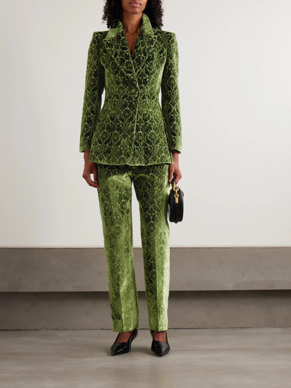 Burberry Velvet-jacquard Straight-leg Pants, worn by a model