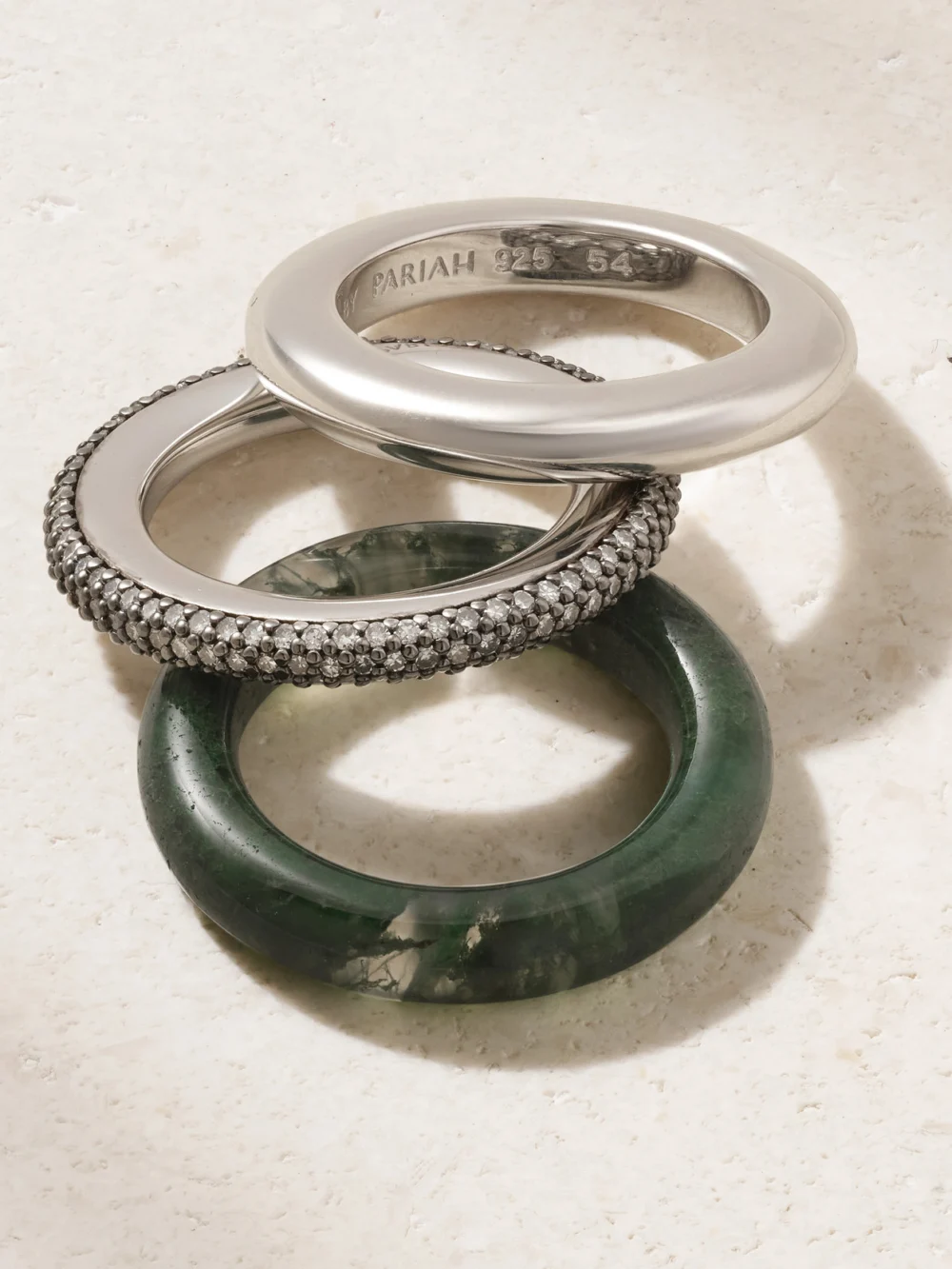 Back view of the By Pariah Aurea Set of Three Sterling Silver, Agate and Diamond Rings