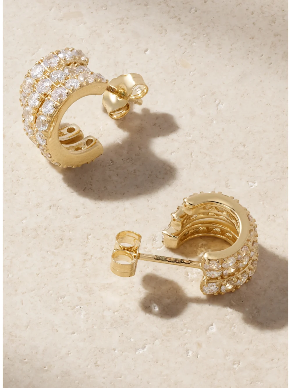 Close-up detail of the By Pariah Classic 14-karat Recycled Gold, Sapphire and Diamond Hoop Earrings