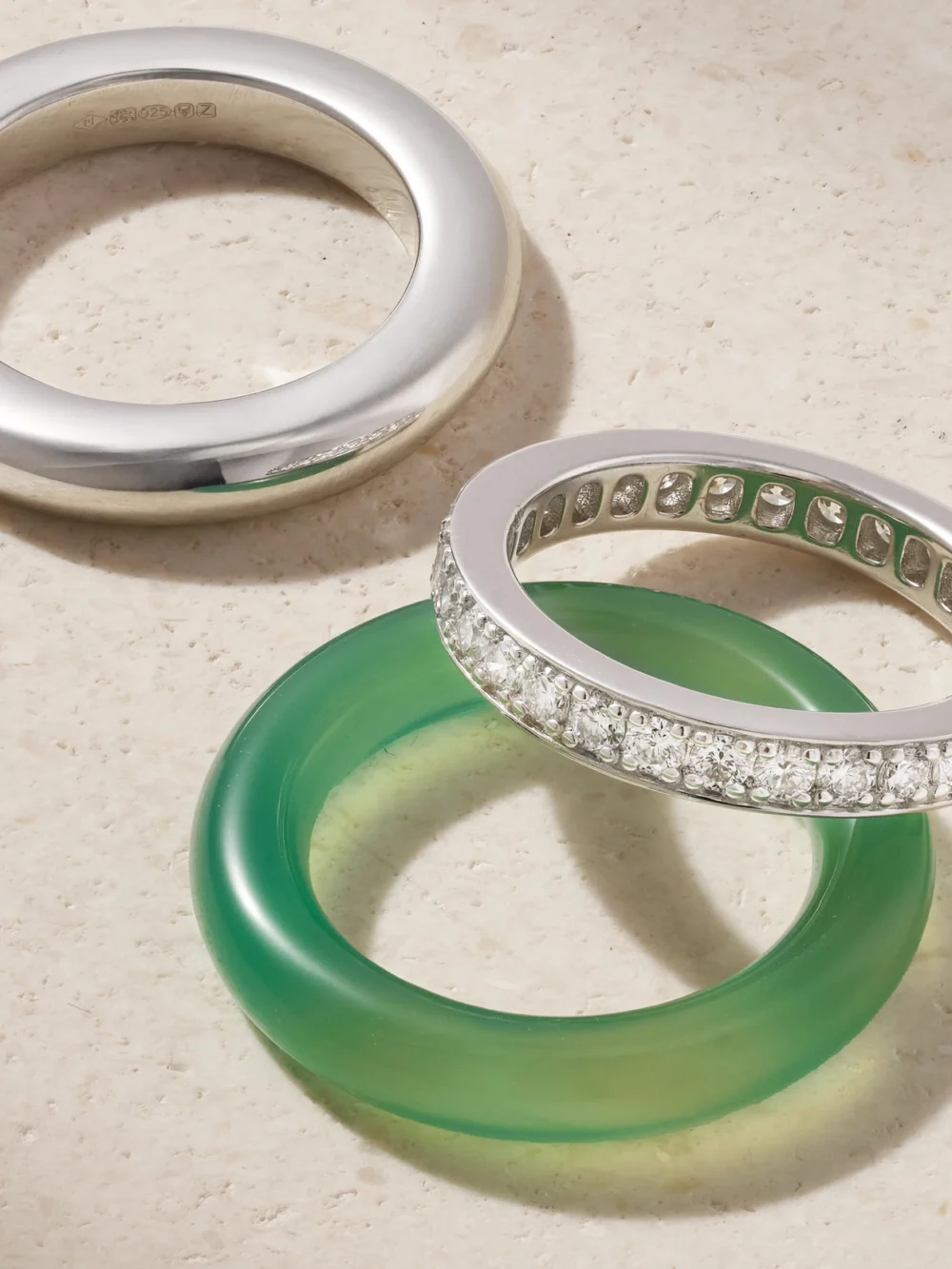 Back view of the By Pariah Kalahari Set of Three Sterling Silver, Chalcedony and Diamond Rings