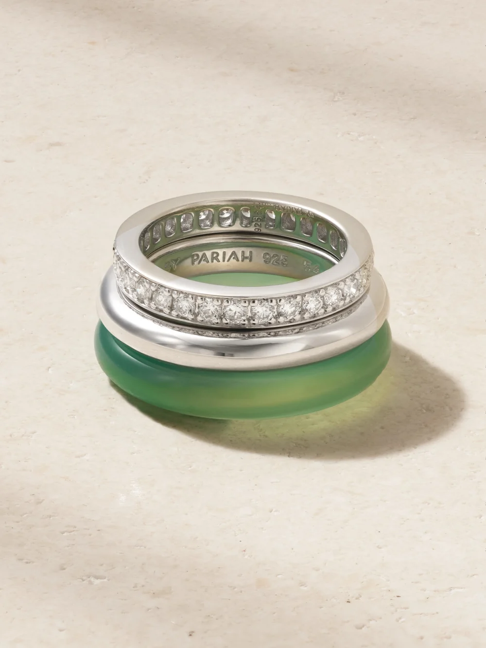 By Pariah Kalahari Set of Three Sterling Silver, Chalcedony and Diamond Rings in green