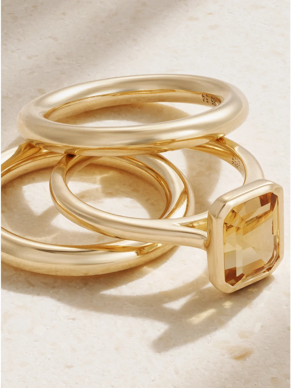 Close-up detail of the By Pariah Lumen Stack Set of Three 14-karat Recycled Gold Quartz Rings