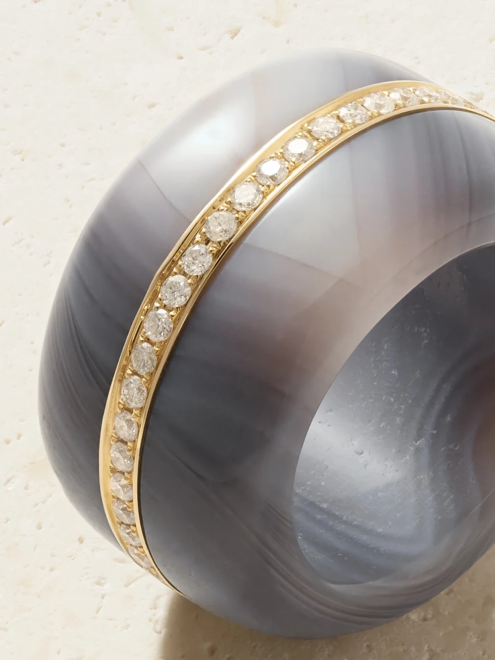Close-up detail of the By Pariah Pebble 14-karat Recycled Gold, Agate and Diamond Ring
