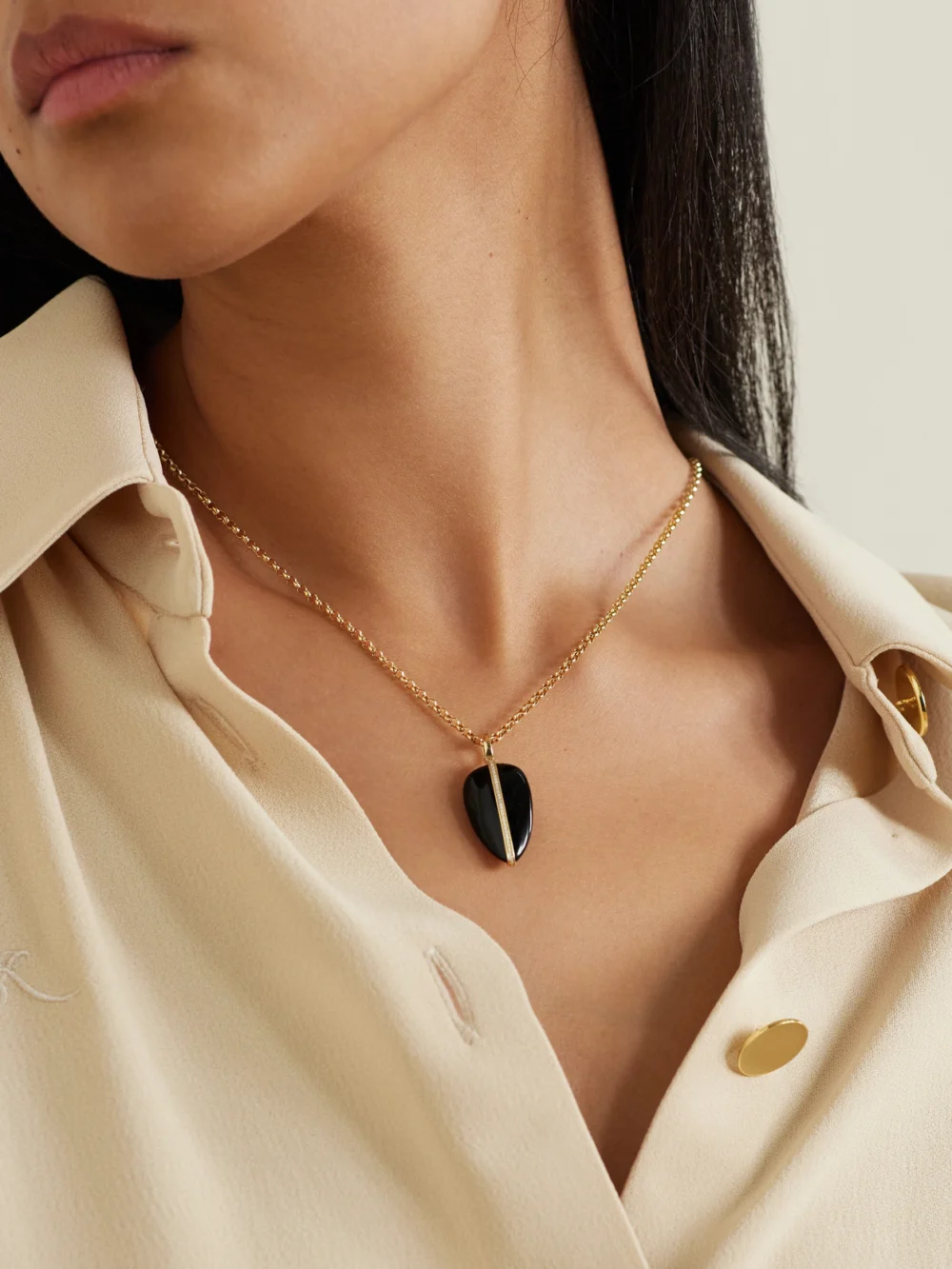 By Pariah Pebble 14-karat Recycled Gold, Onyx and Diamond Pendant, styled view