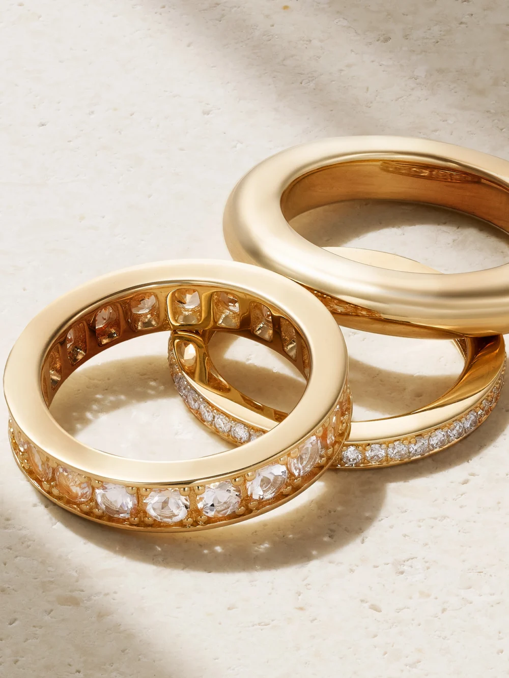 Close-up detail of the By Pariah Set of Three 14-karat Gold, Morganite and Diamond Rings