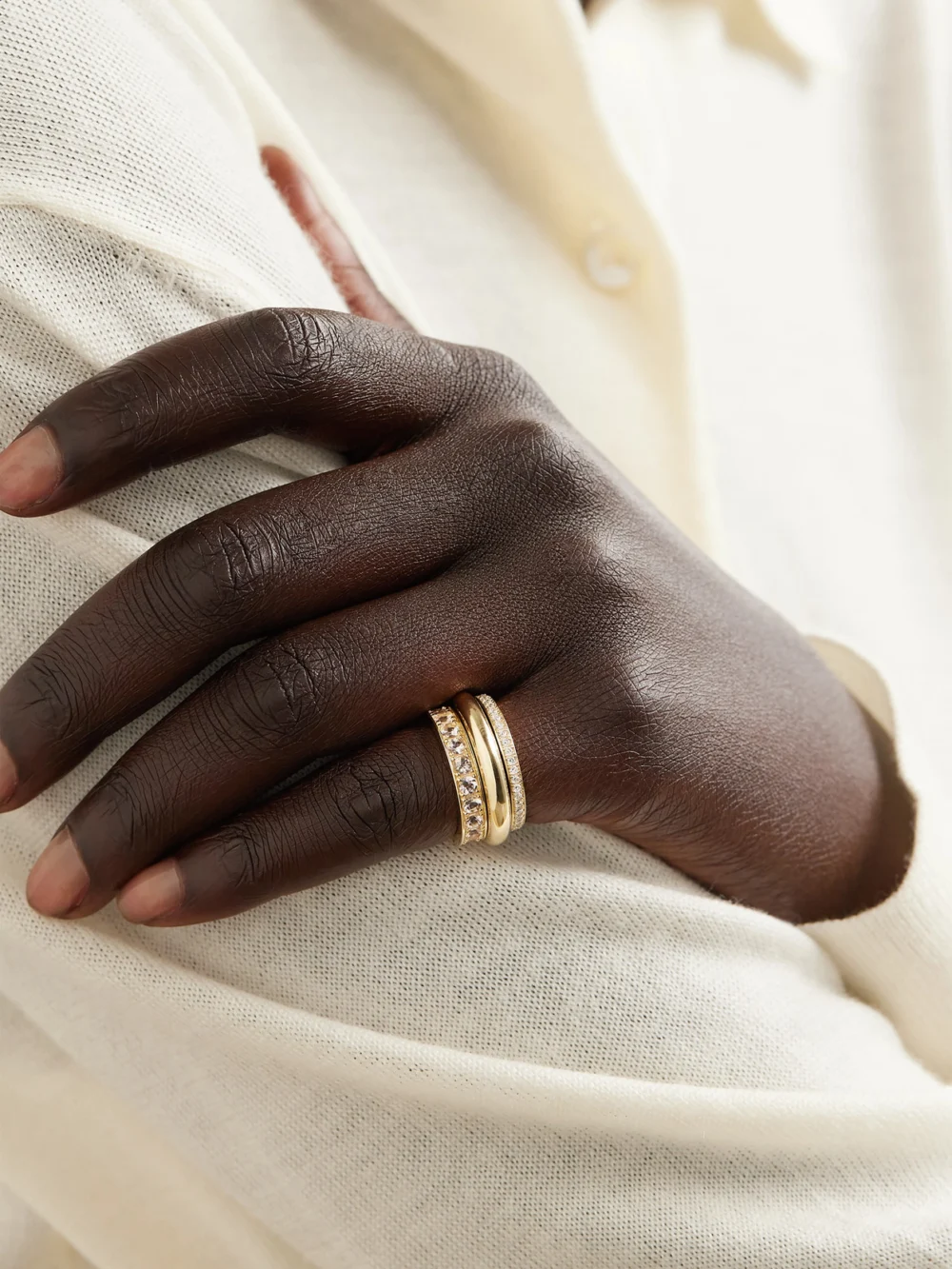 By Pariah Set of Three 14-karat Gold, Morganite and Diamond Rings, styled view