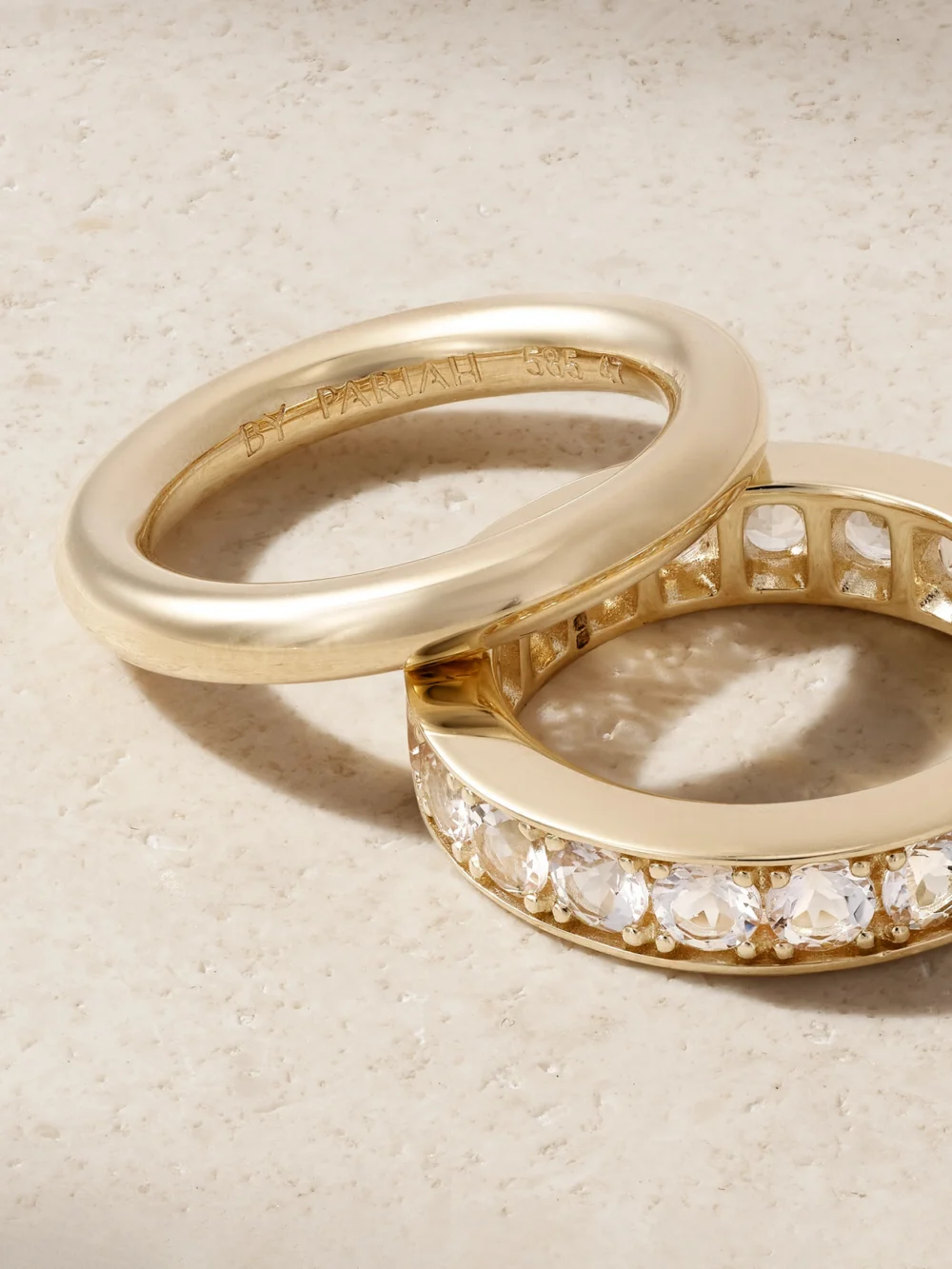 Close-up detail of the By Pariah Xl Duo Set of Two 14-karat Recycled Gold Morganite Pinky Rings