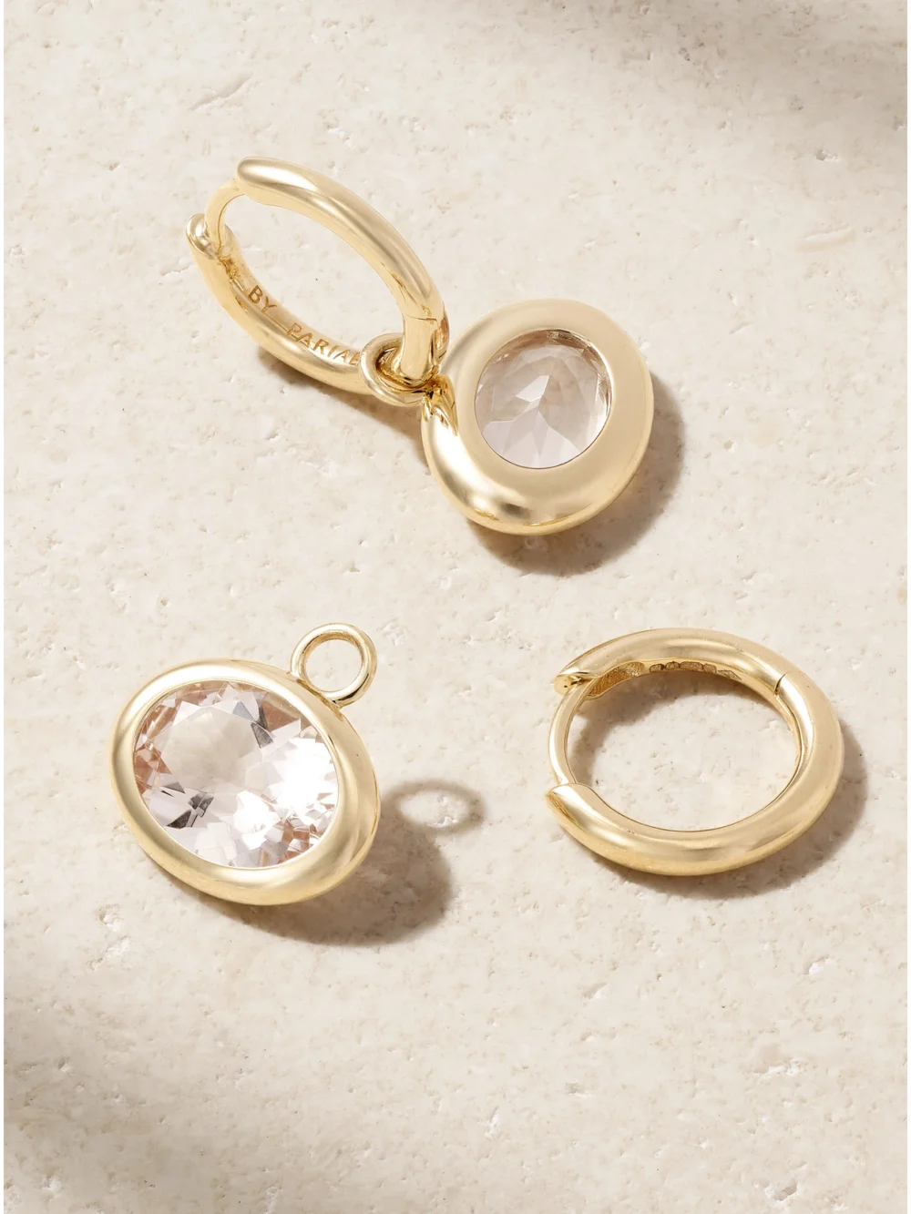 Close-up detail of the By Pariah Xl Orbit 14-karat Recycled Gold Morganite Hoop Earrings