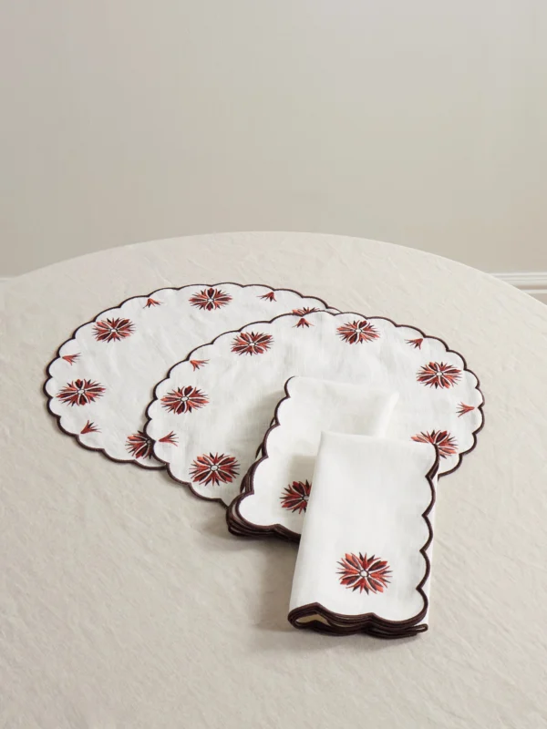 Cabana Botanica Set of Two Embroidered Linen and Cotton-blend Placemats and Napkins