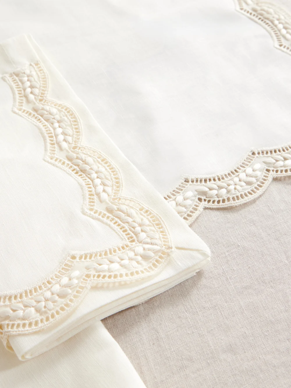 Close-up detail of the Cabana Emilia Set of Two Scalloped Embroidered Linen Placemats and Napkins