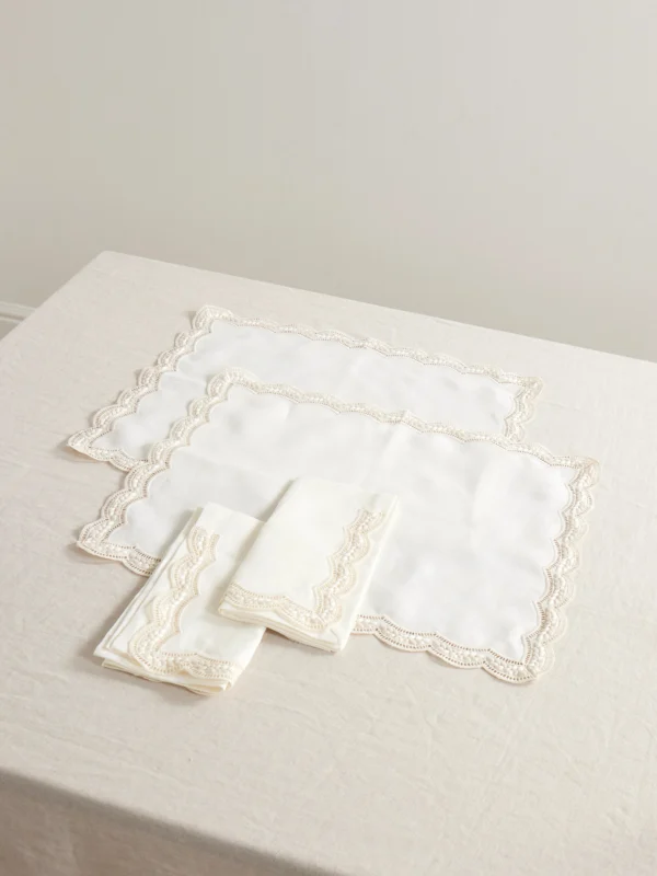 Cabana Emilia Set of Two Scalloped Embroidered Linen Placemats and Napkins