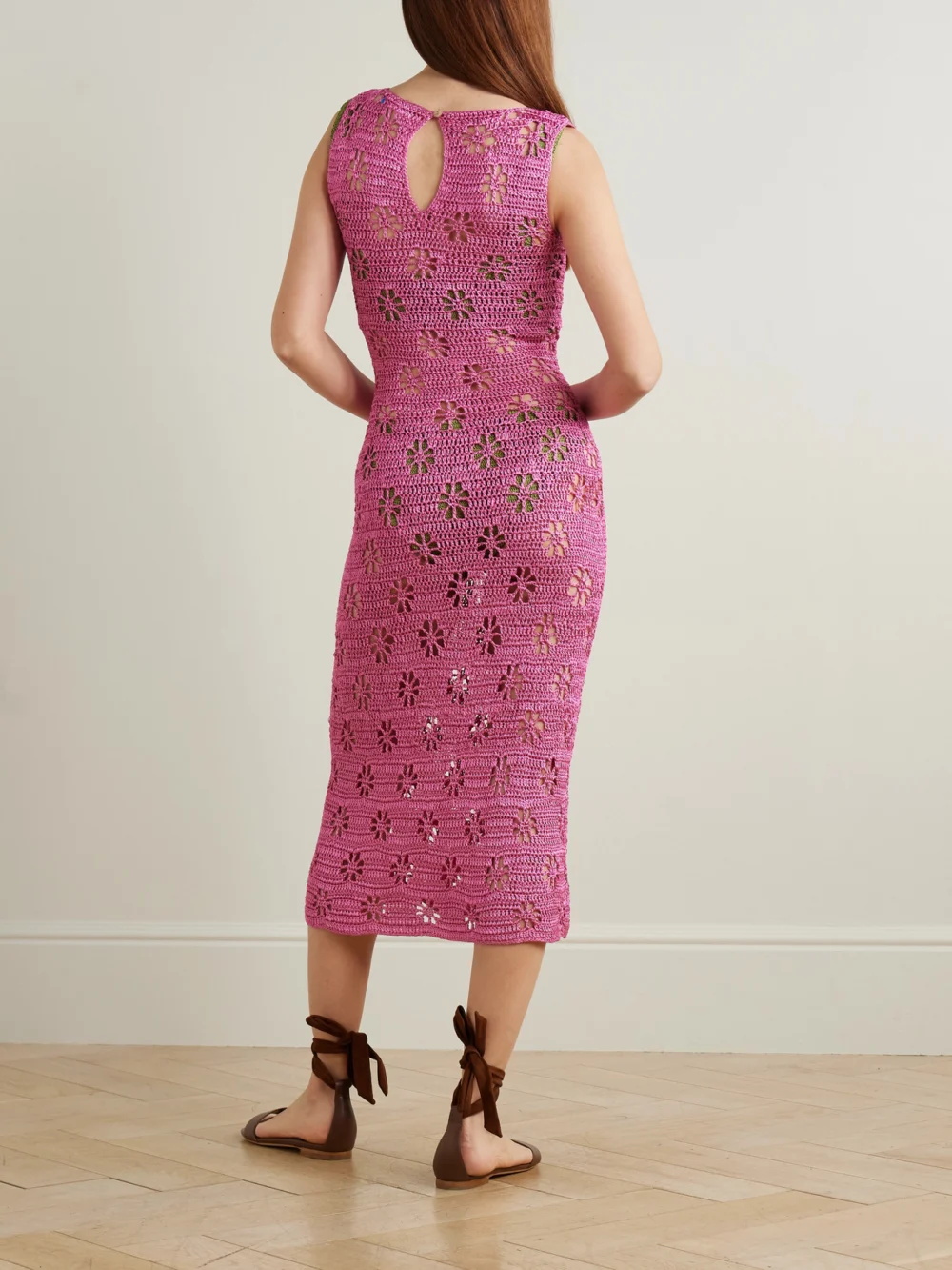 Back view of the Calle Del Mar Crocheted Midi Dress