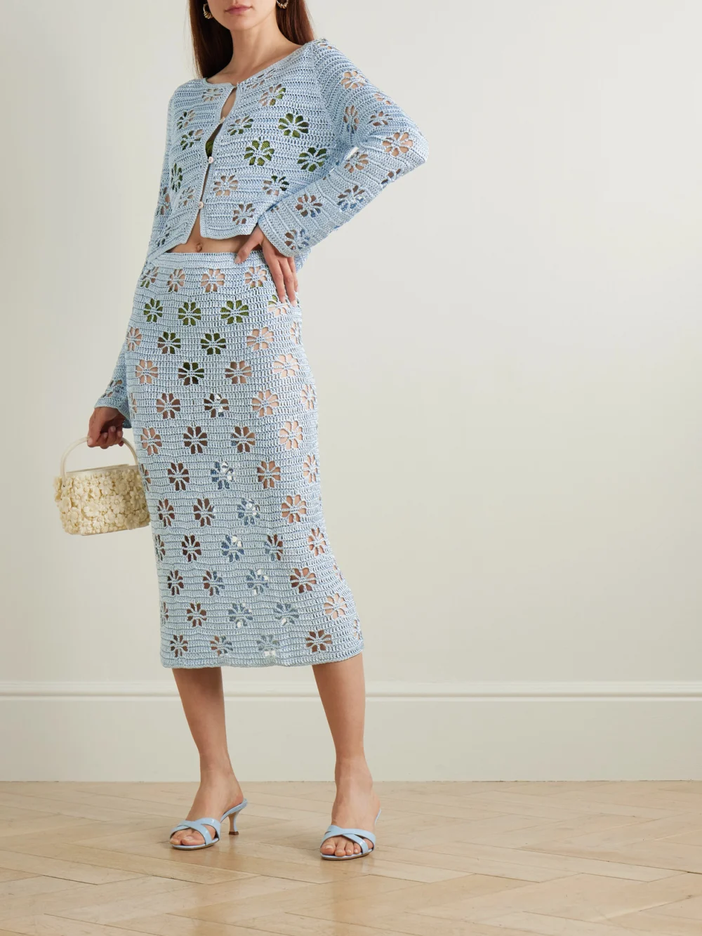 Calle Del Mar Crocheted Midi Skirt, worn by a model