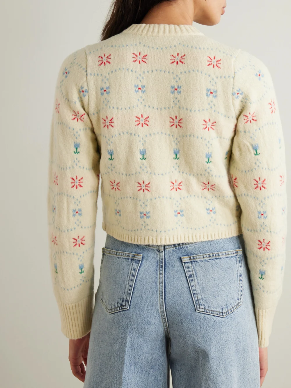 Back view of the Calle Del Mar Cropped Cashmere and Silk-blend Jacquard Cardigan